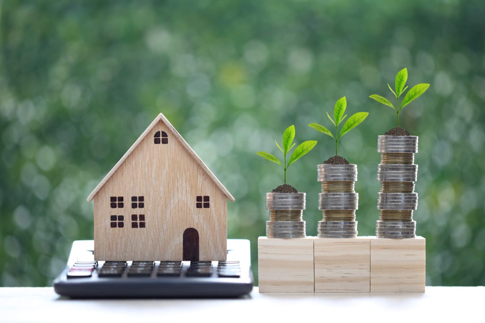 A small wooden house model with stacks of coins and growing plants symbolizing investment growth.
