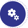 Two white gears on a blue circular background with a dotted outline.