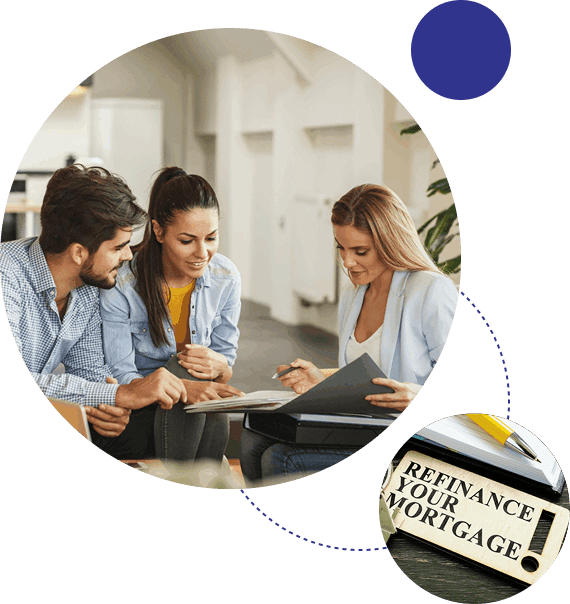 Three people discussing finances using a laptop and documents.