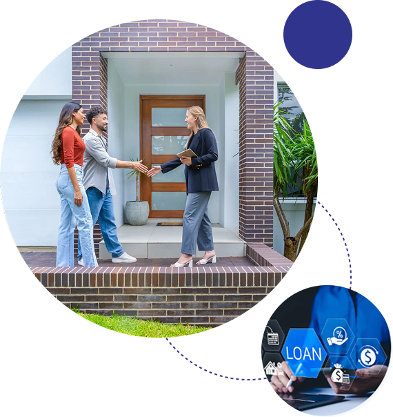 Real estate agent greeting clients at a home's entrance.