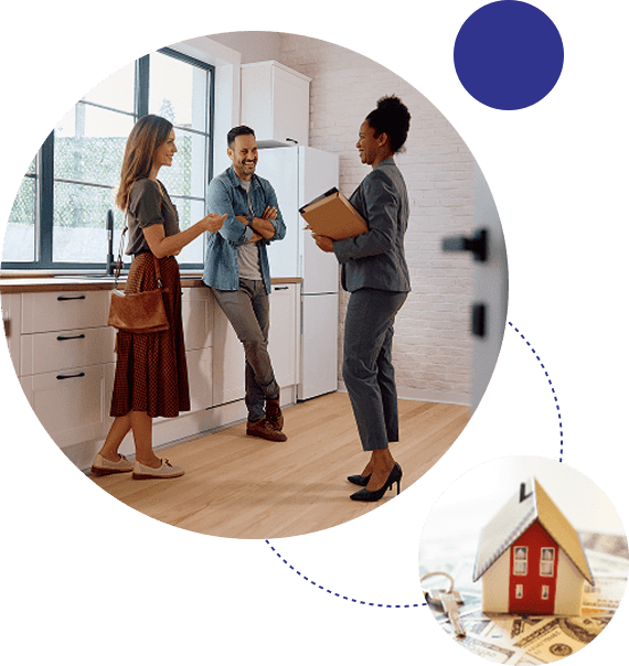 Three professionals discussing real estate in a modern office.