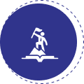 White icon of a person raising a flag on an open book background inside a blue circle.