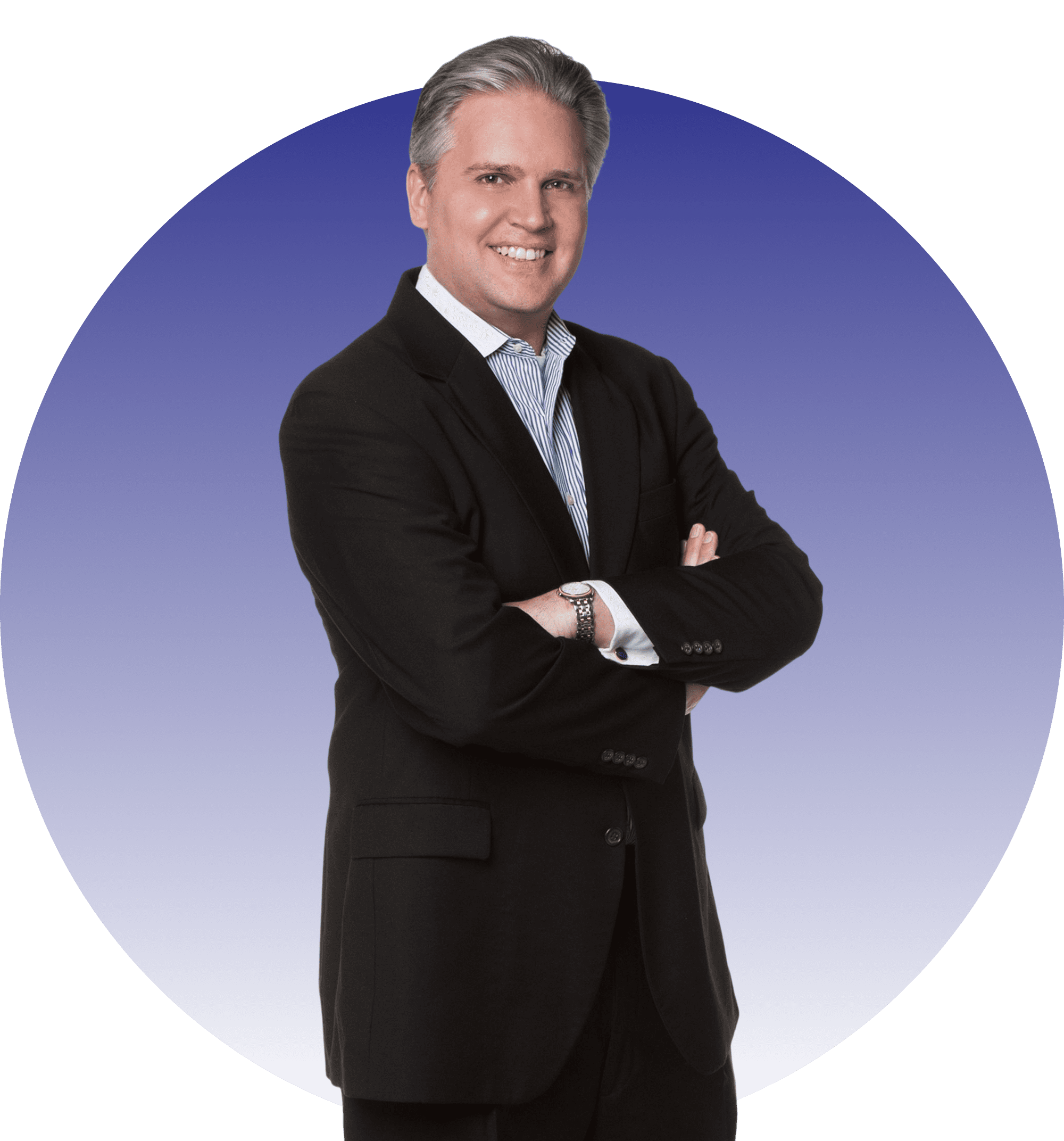 Confident businessman in a black suit with arms crossed.